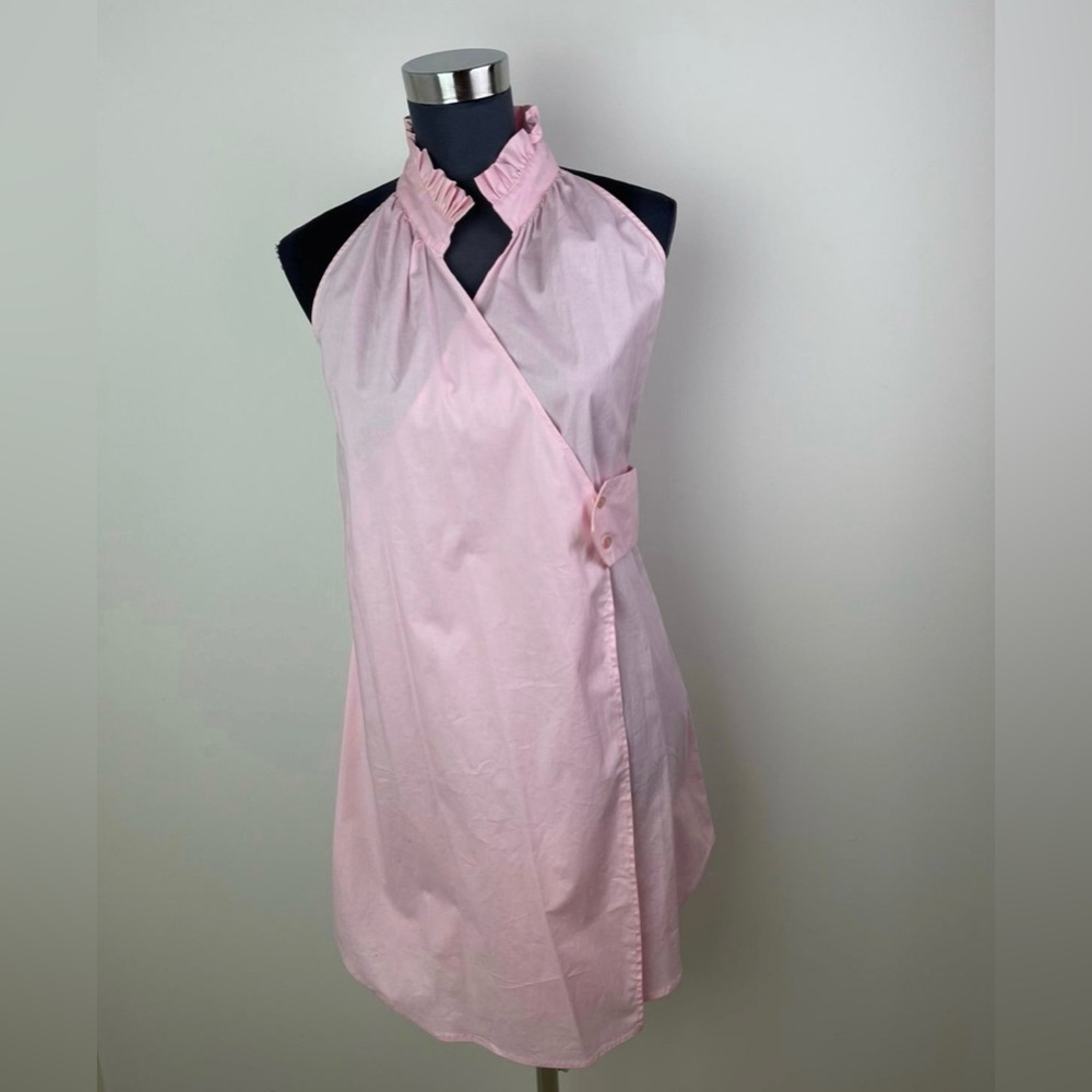 Elegant Pink Belted Turtleneck Wrap Cotton Halter Tunic Blouse